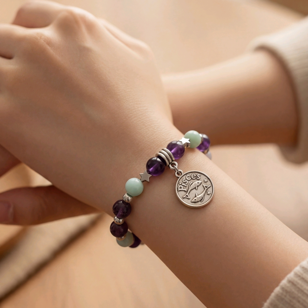 Pisces Charm Bracelet - Amethyst & Burmese Jade Zodiac Bracelet. Size 6.5"